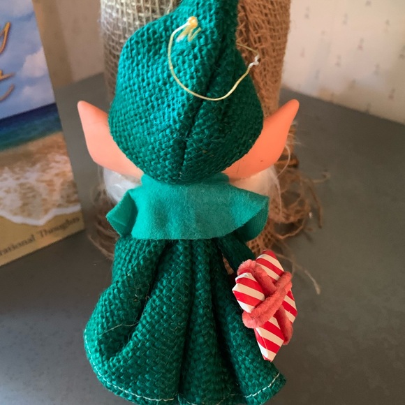 Vintage, CHRISTMAS ELF, Tagged Japan, GREEN burlap suit holding Christmas gift. - Picture 5 of 8